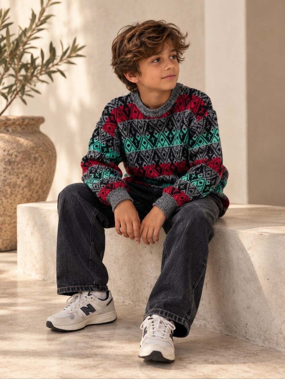 Vintage 80s 90s Kids 9-10Y Fair Isle Geometric Knit Sweater Red Green Black